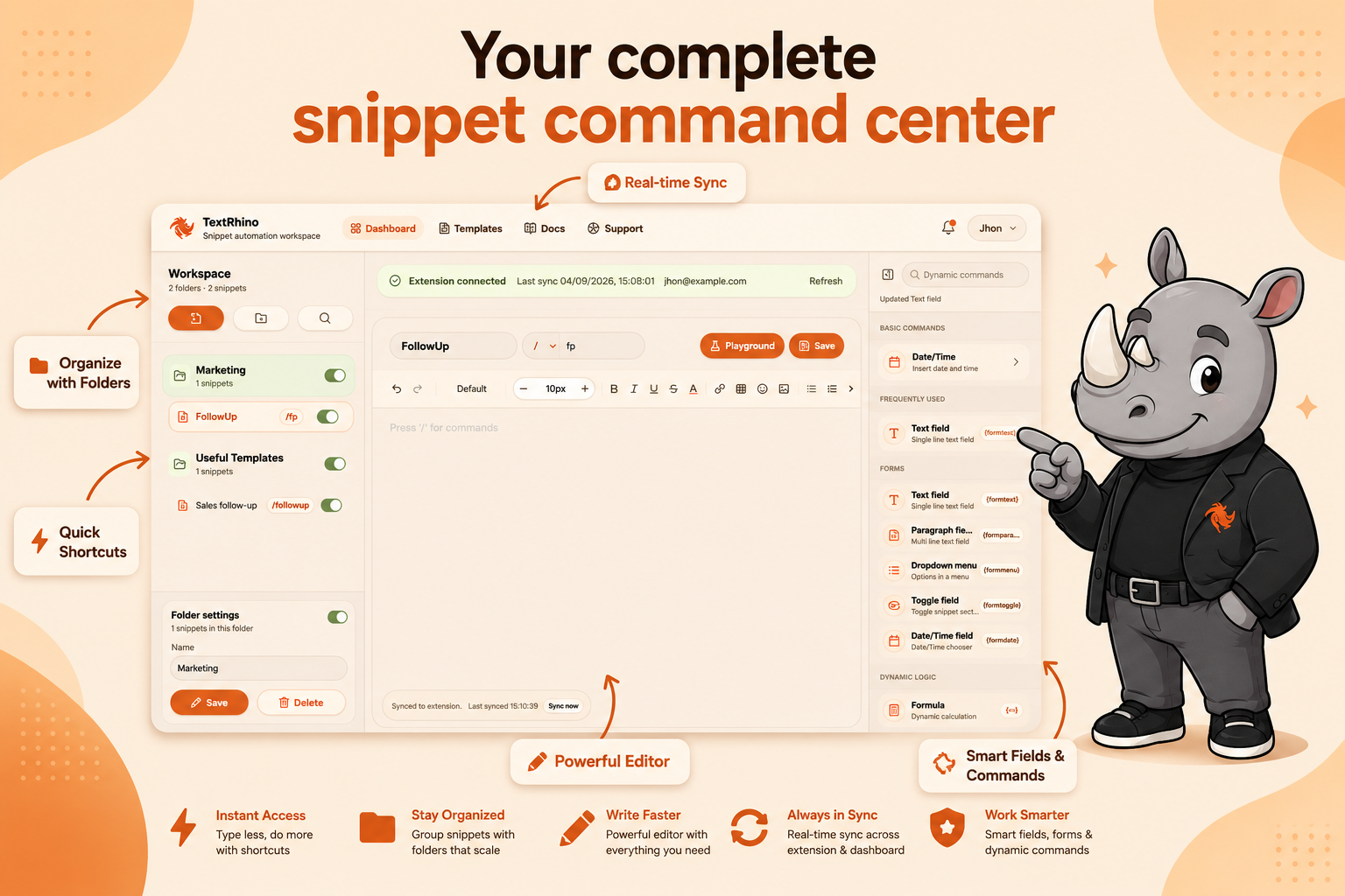 TextRhino dashboard for snippet commands, folders, and smart fields